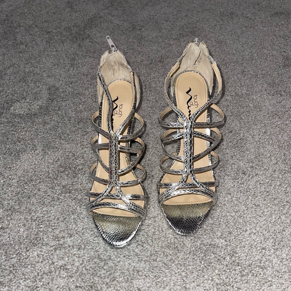 Silver cage heel with zipper back